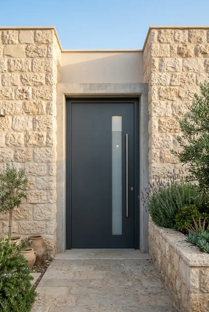 דלת כניסה מאלומיניום בקיר אבן